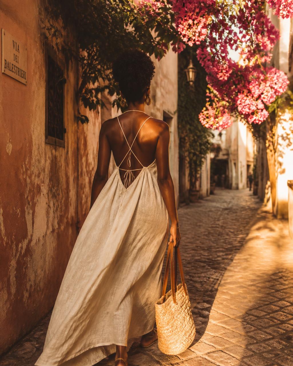 Crystal in a white dress walking through a sunlit alley lined with bougainvillea