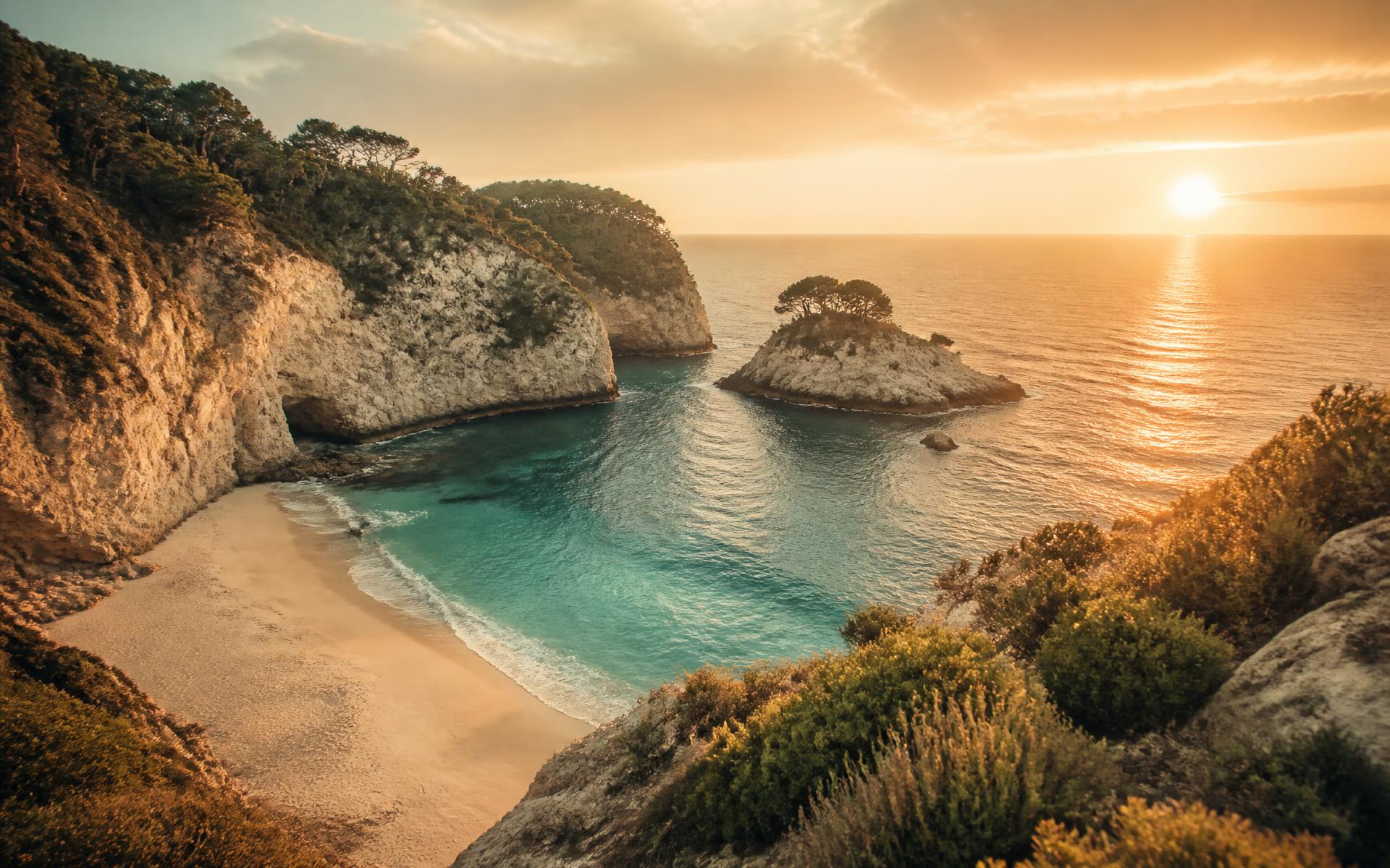 A secluded turquoise cove framed by limestone cliffs at golden hour